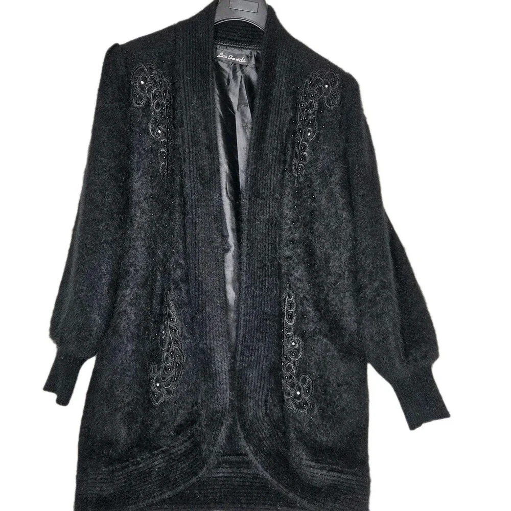 Lee Sands Womens Korean Angora Cardigan Sweater, Size Large, Black